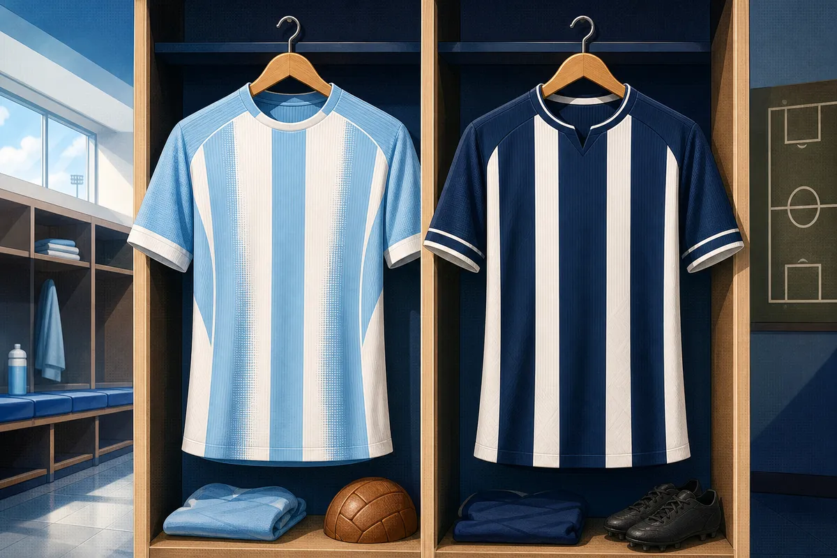Dos camisetas de fútbol genéricas, una celeste y blanca y otra azul marino y blanca, en un vestuario.
