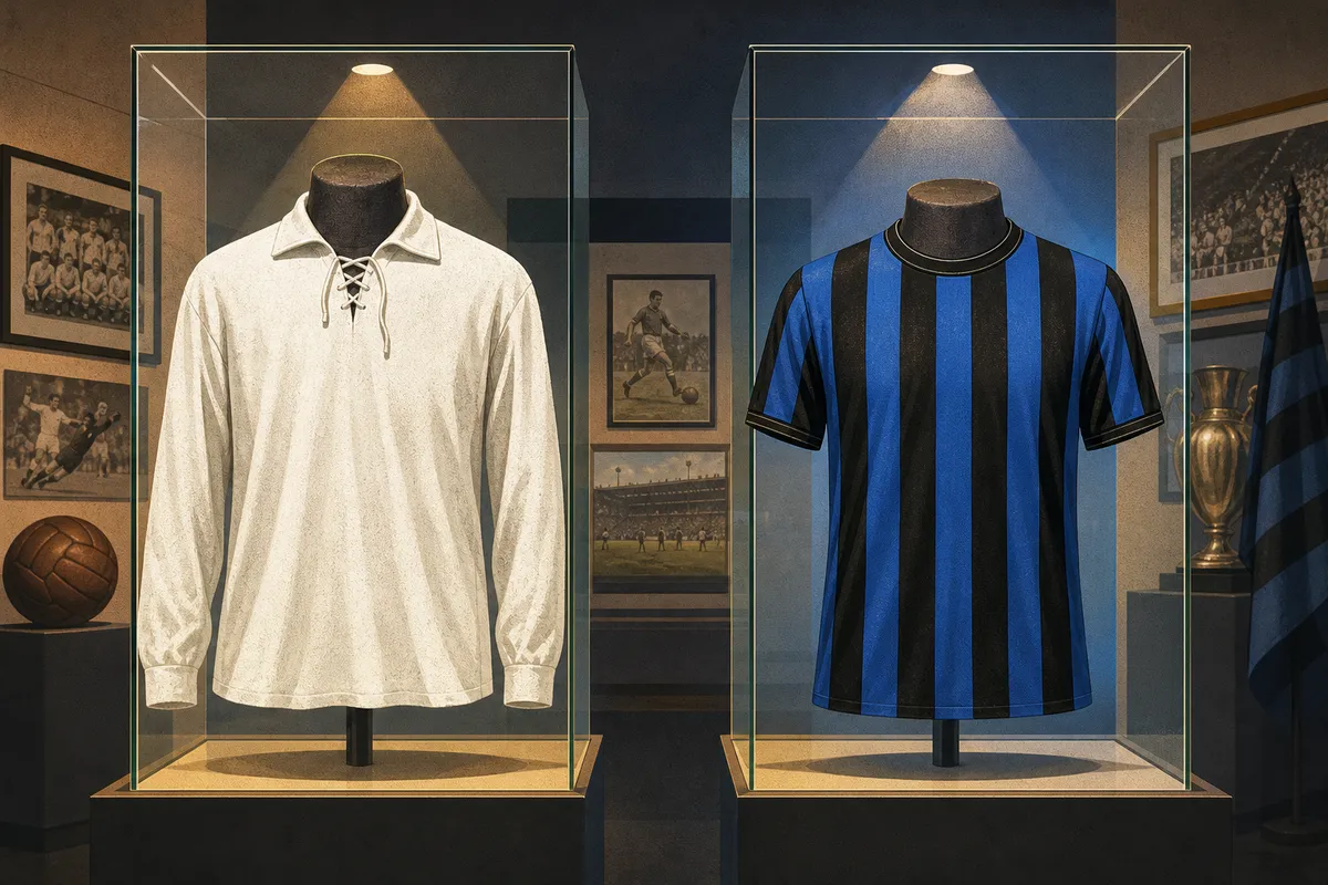 Camisetas de fútbol blanca y azul con negro expuestas en una galería