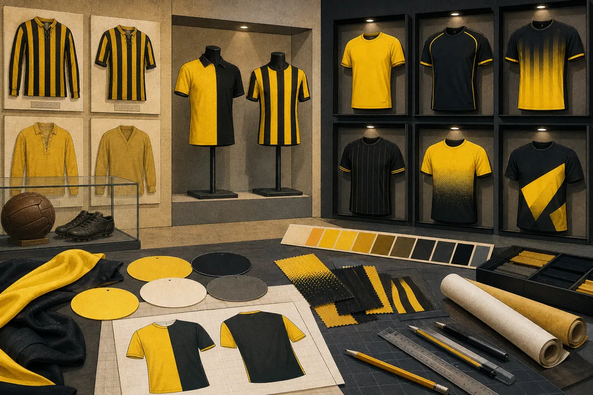 Camisetas negras y amarillas sin marcas junto a retazos y herramientas de diseño.