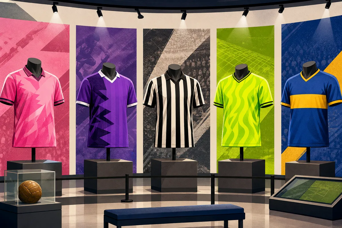 Camisetas de fútbol en rosa, violeta, blanco y negro, verde flúor y azul y oro, expuestas en maniquíes.