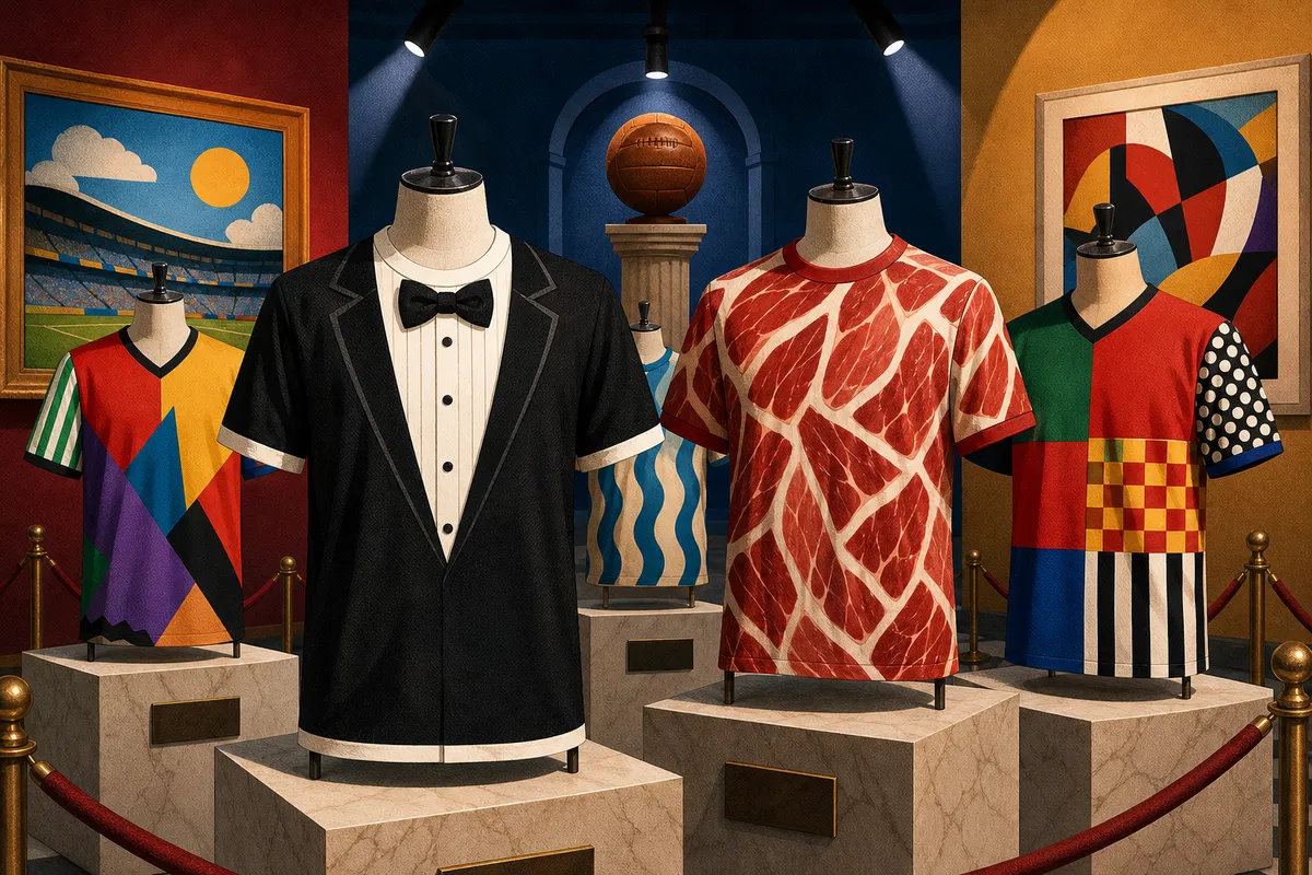Camisetas de fútbol extravagantes exhibidas en maniquíes, con diseños de esmoquin y patrones abstractos.