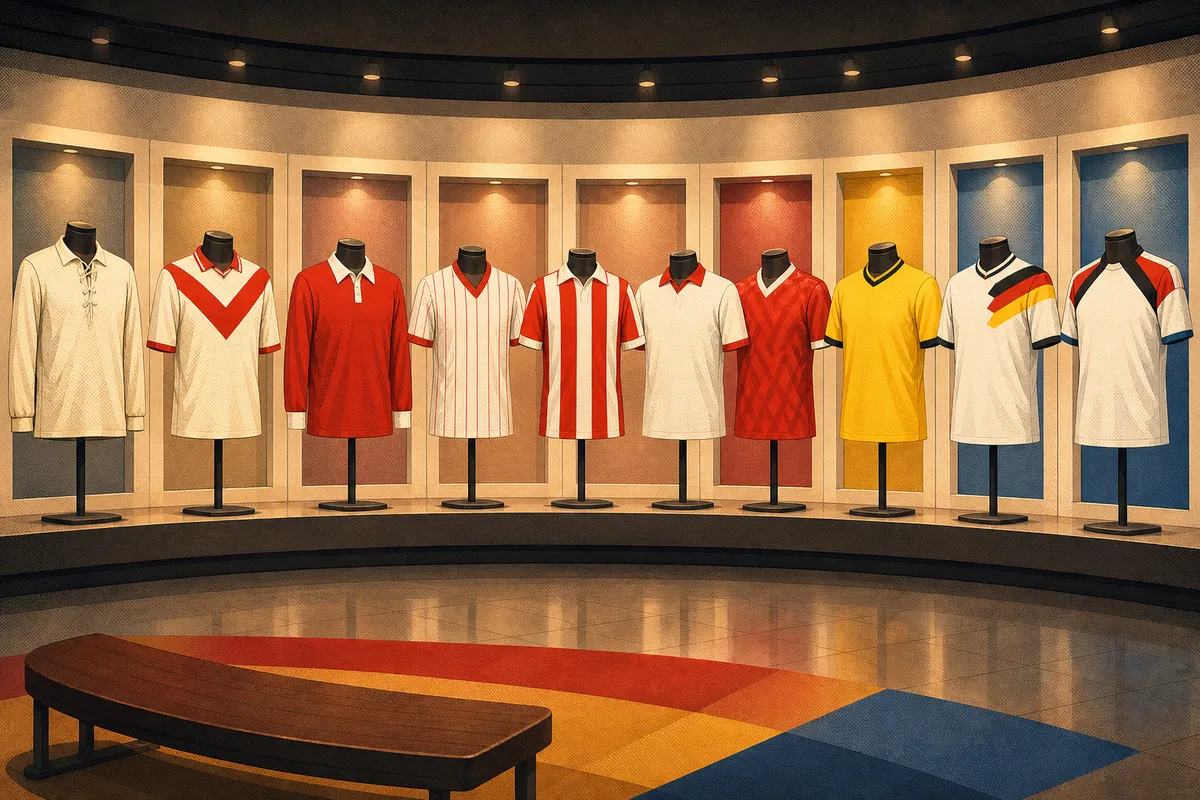 Diez camisetas históricas de fútbol, entre diseños rojos, blancos y una llamativa camiseta amarilla.