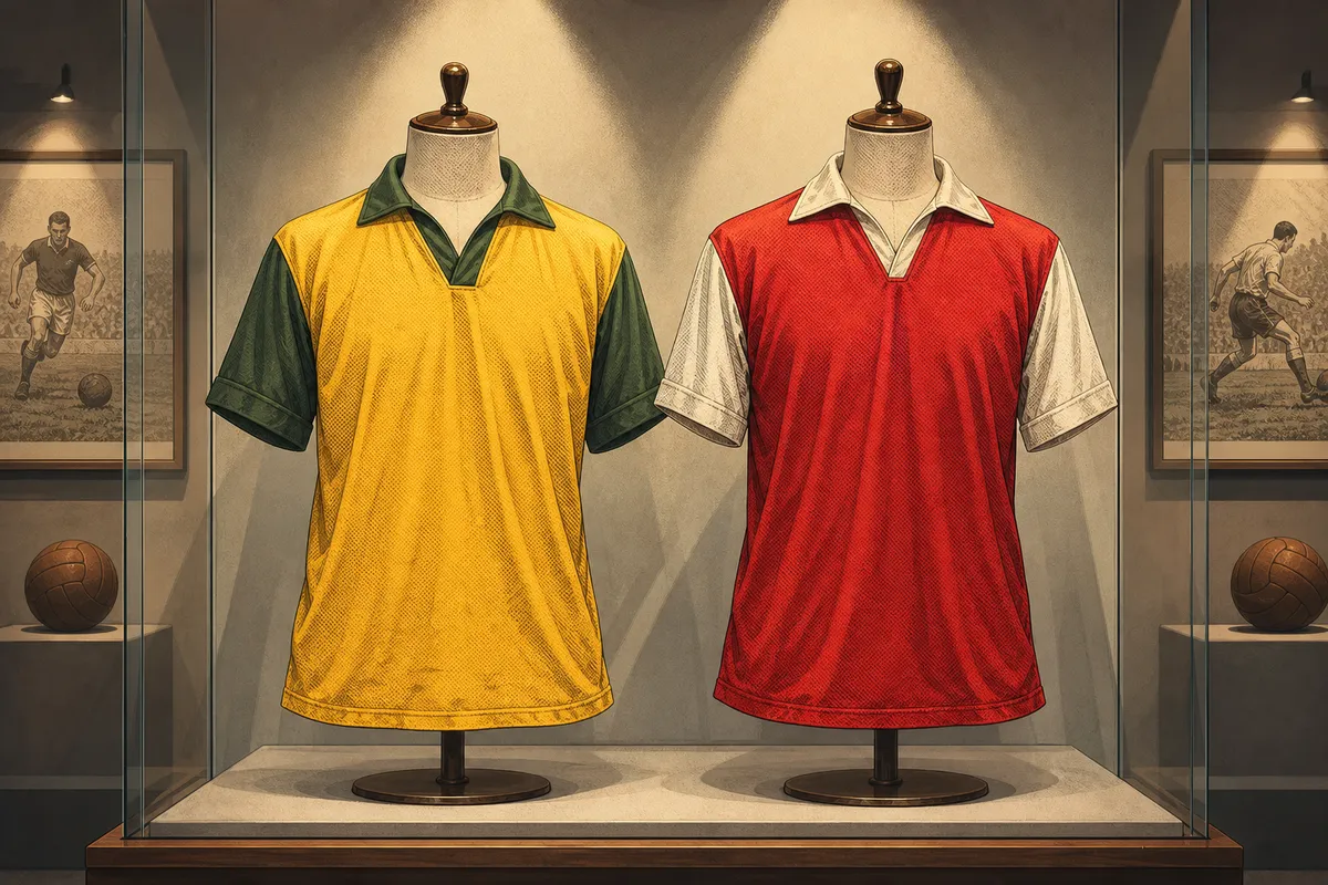 Dos camisetas de fútbol retro, una amarilla y otra roja y blanca, exhibidas en una galería.