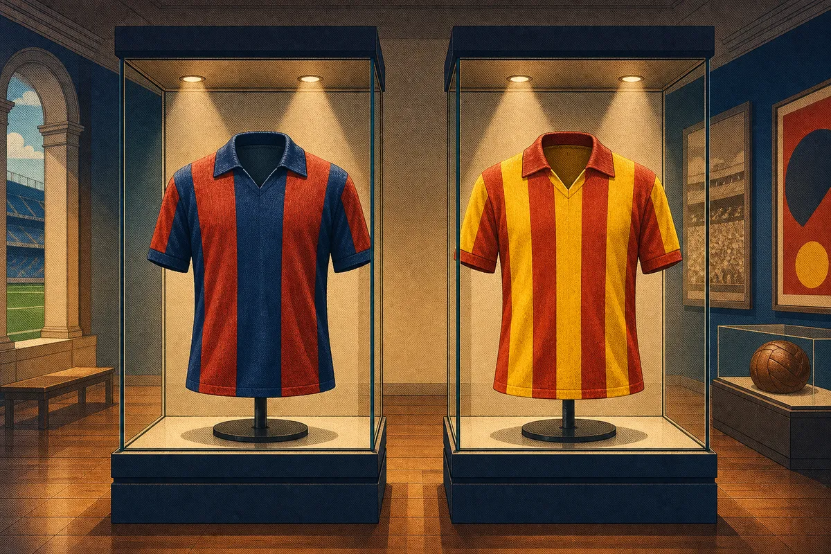 Camisetas de fútbol a rayas rojas y azules y rojas y amarillas, exhibidas en una galería.