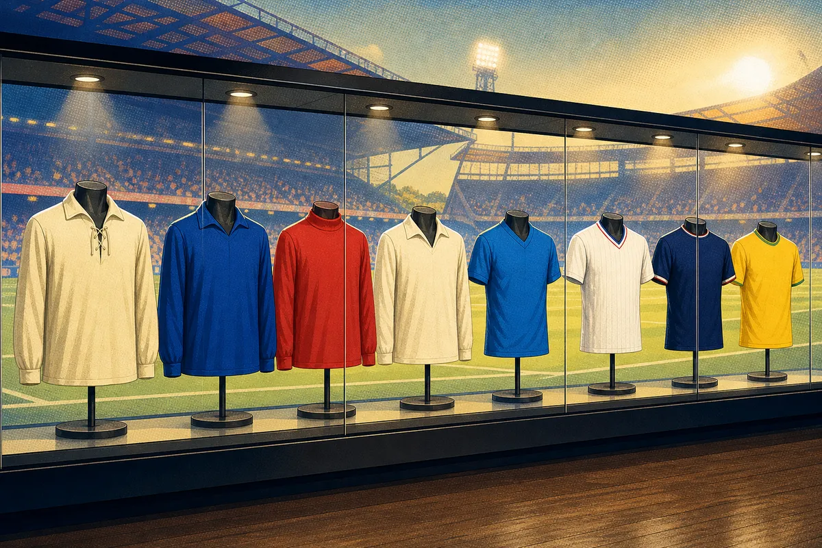 Camisetas de fútbol sin marcas expuestas en una vitrina, con un estadio al fondo.