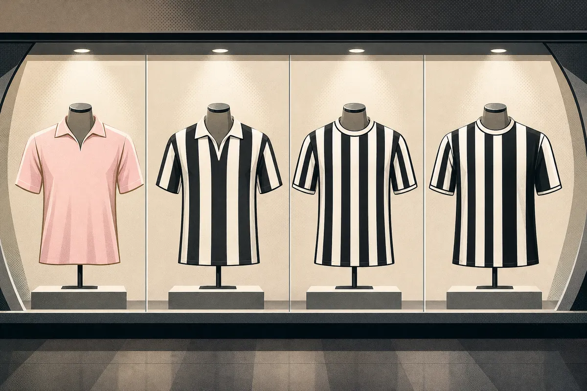 Cuatro camisetas sin escudos muestran la evolución del rosa a las franjas negras y blancas.