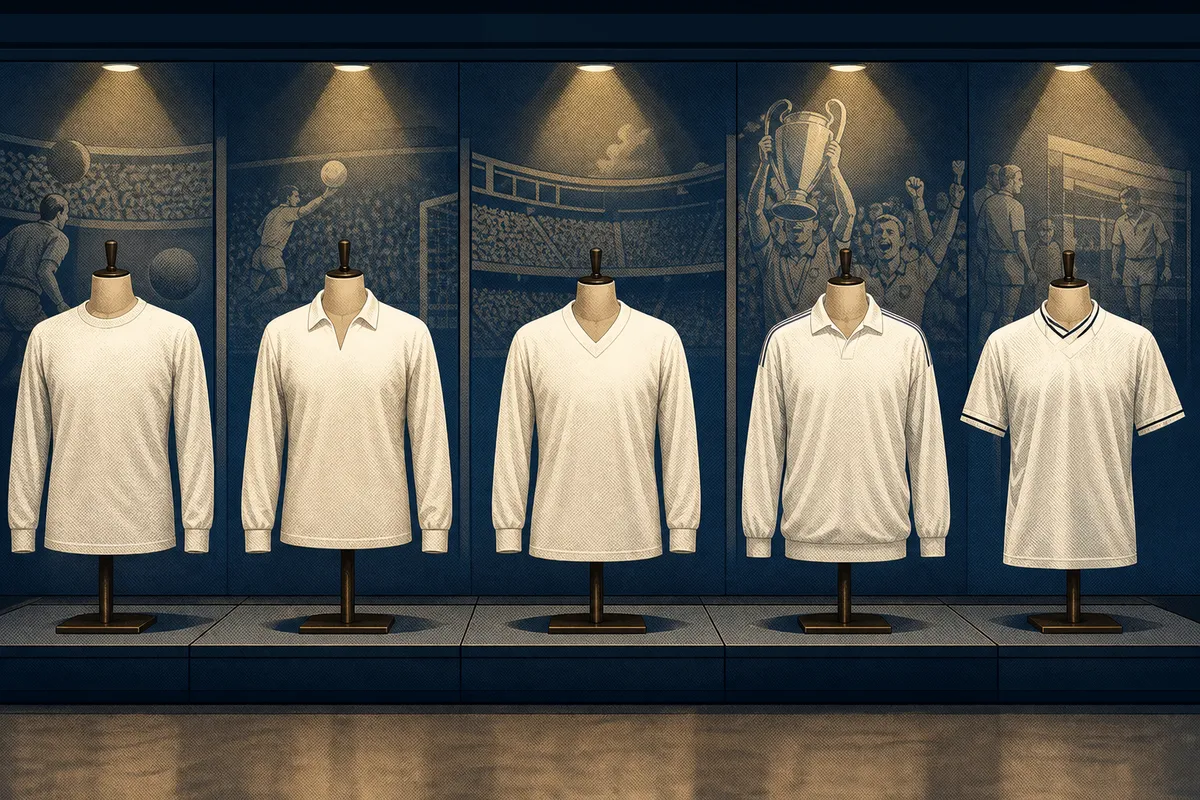 Camisetas blancas de distintas épocas expuestas en una sala de museo.
