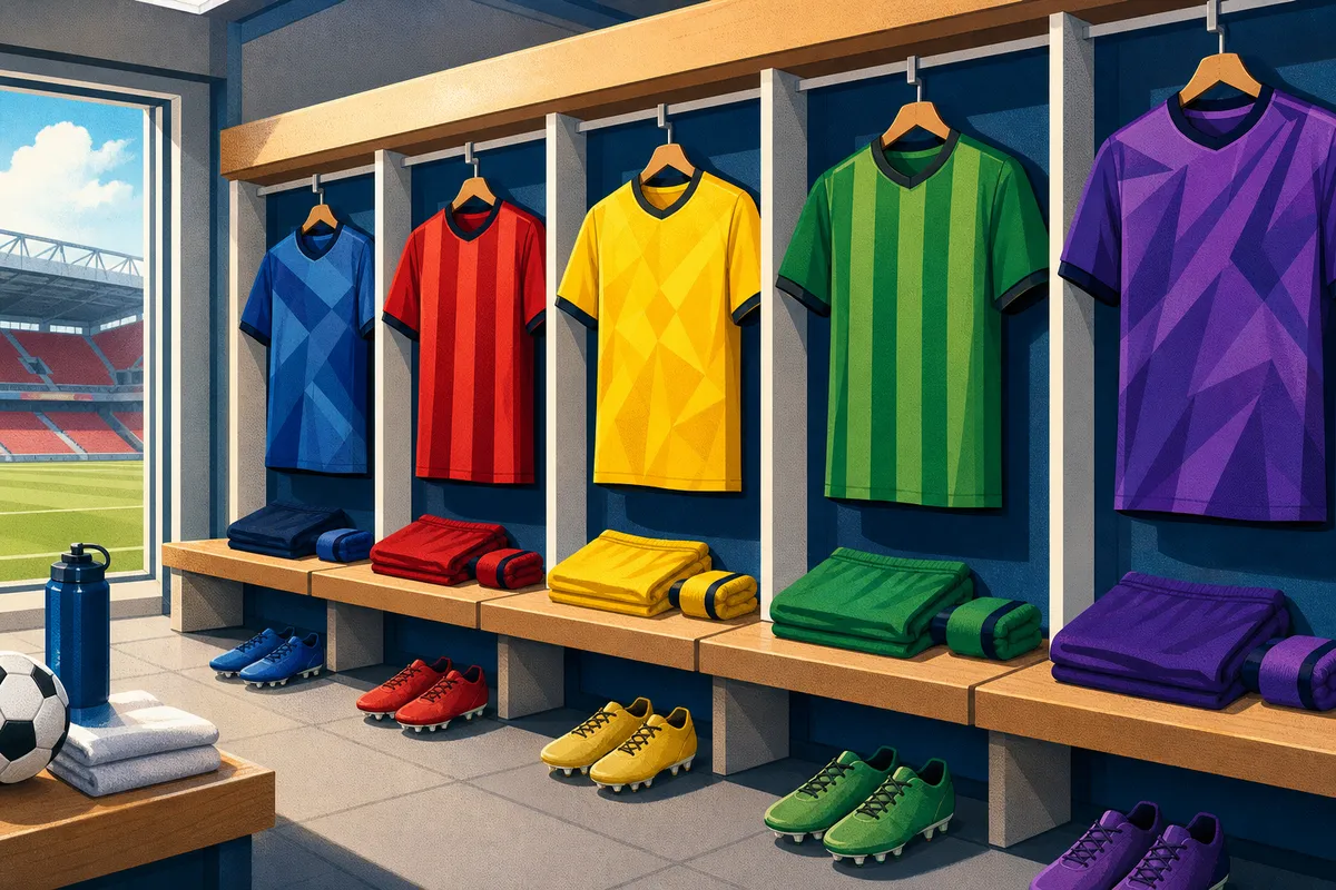 Camisetas de fútbol genéricas en un vestuario de estadio, junto a botines y shorts.