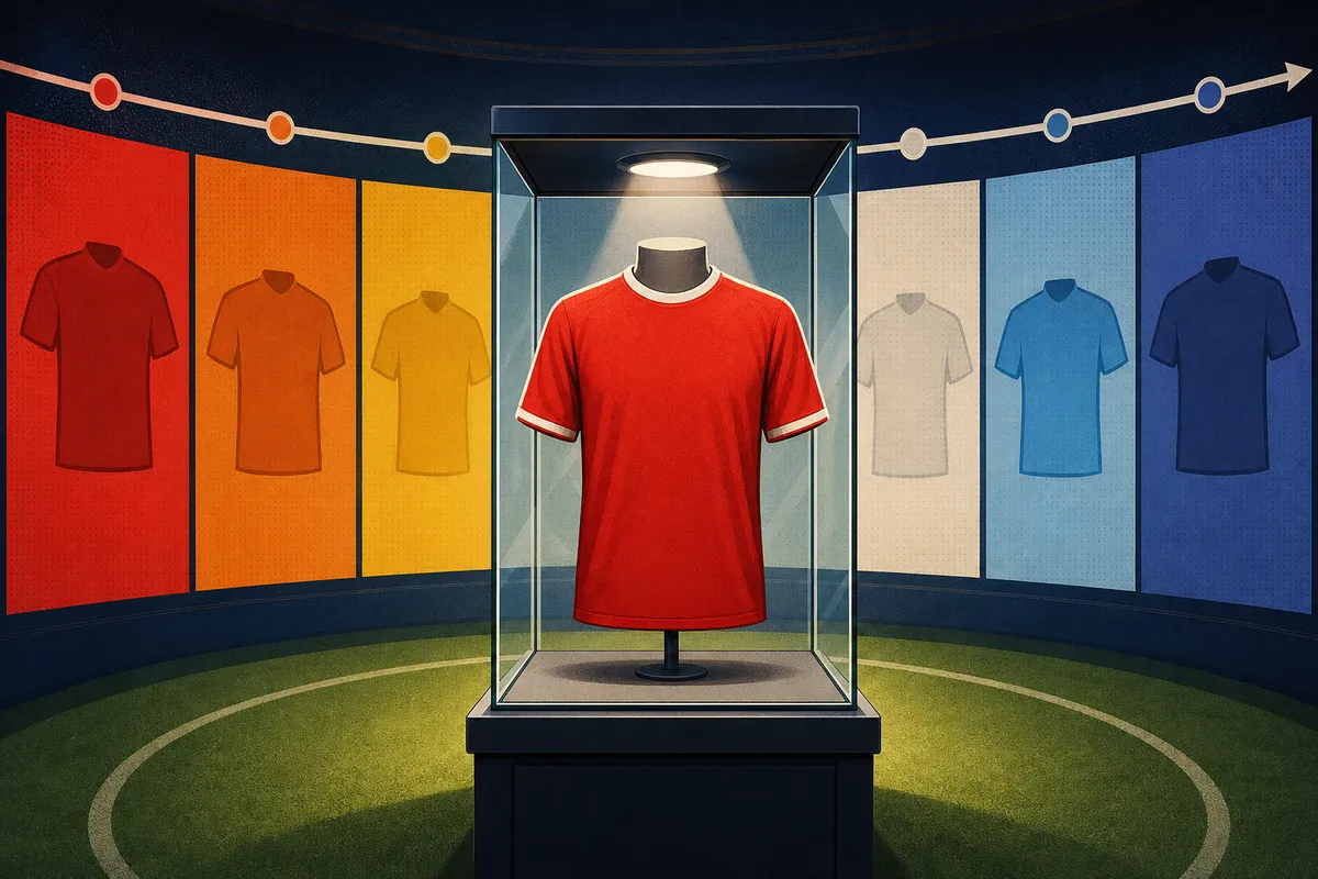 Una camiseta roja de fútbol sin marcas, exhibida en una vitrina de museo.